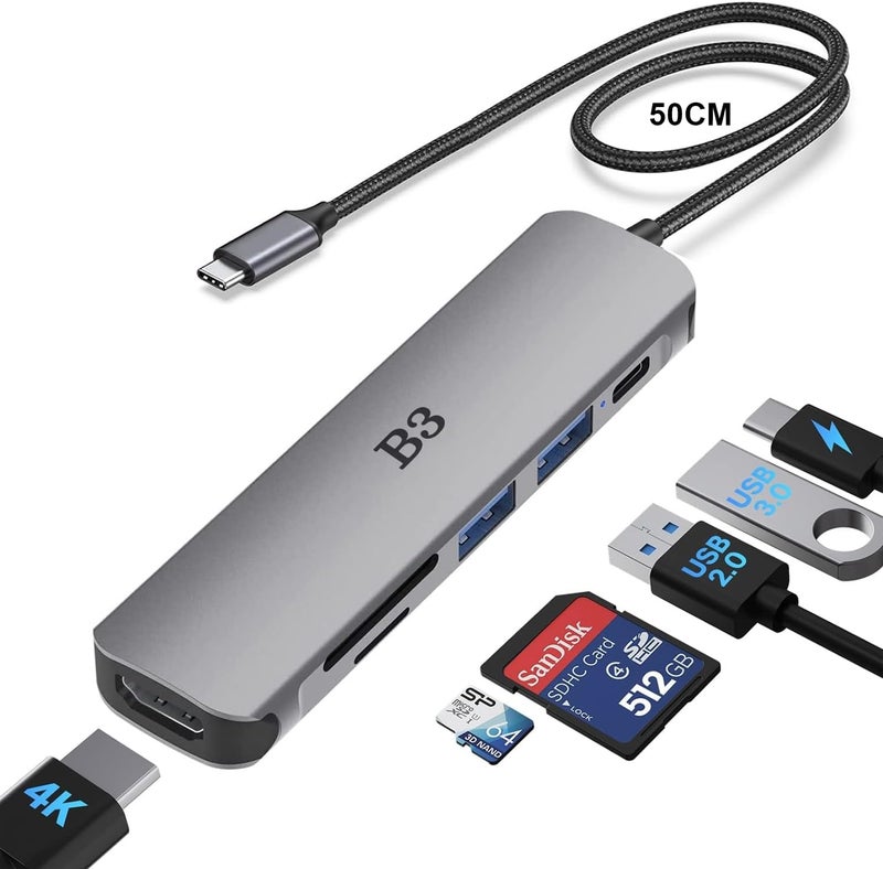 BIGTHREE USB C Hub HDMI Adapter for MacBook Air Pro, 7 in 1 4K Dongle Multiport Converter with 50cm Cable, USB 3.0 5Gbps Data Transfer, 100W PD, SD/TF Card Slot, Digital AV Connector for Mac M1 M2 PC Laptop - Image 1